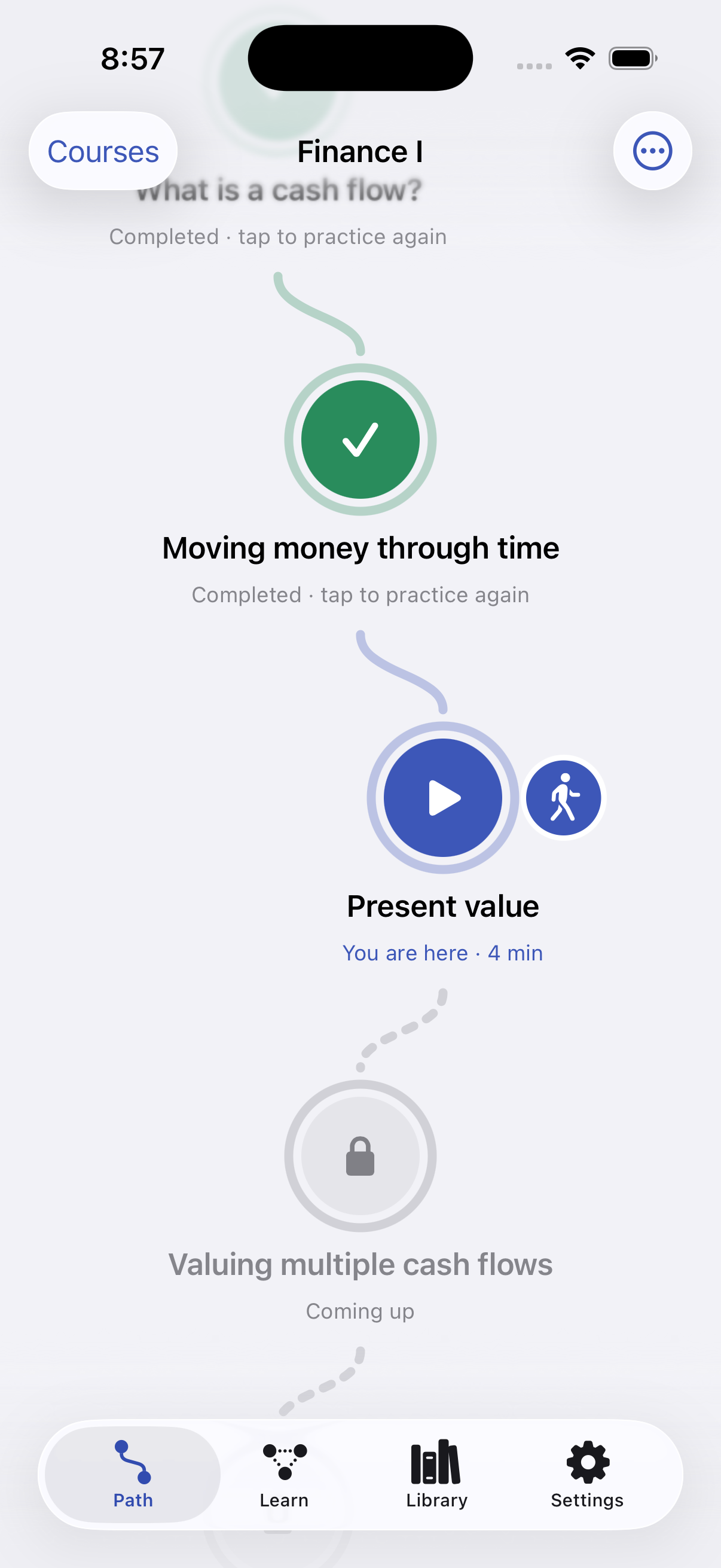 Finance mastery path showing completed, current, and locked lessons