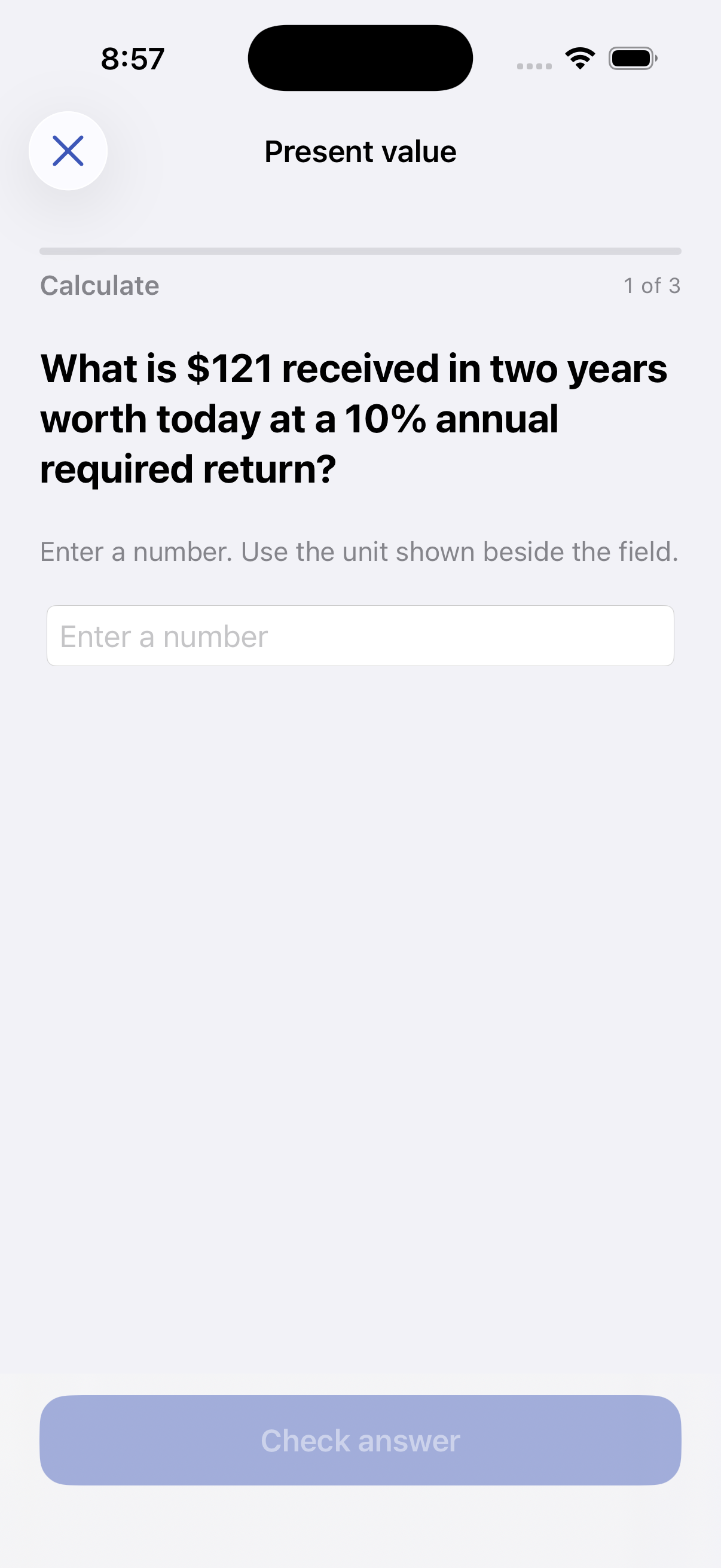 Present value calculation exercise awaiting a numeric response