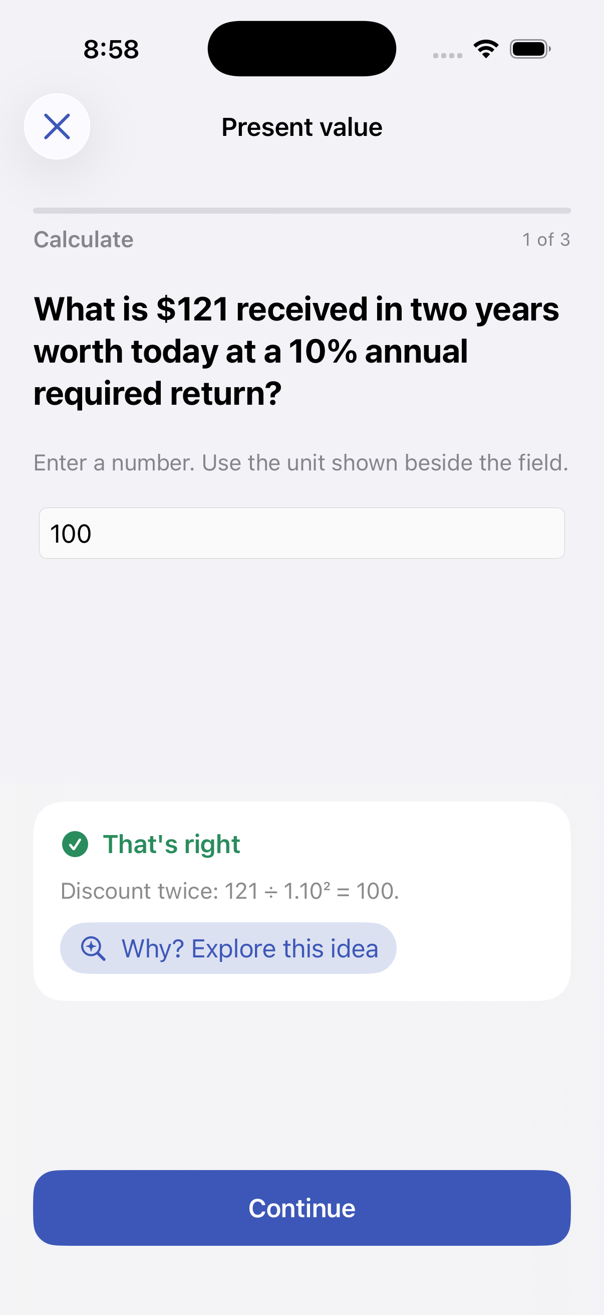 Correct present value answer with immediate calculation feedback