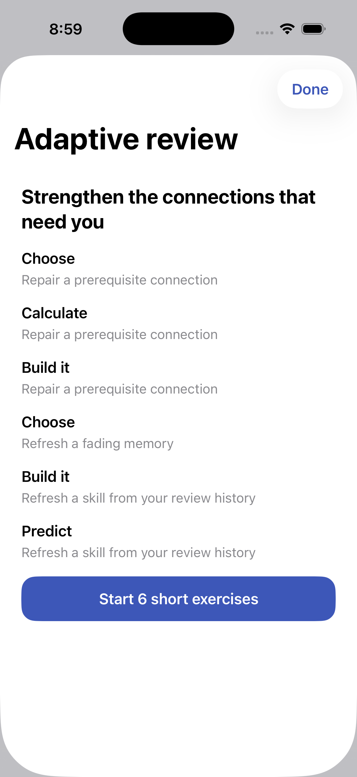 Adaptive review plan explaining the purpose of six selected exercises