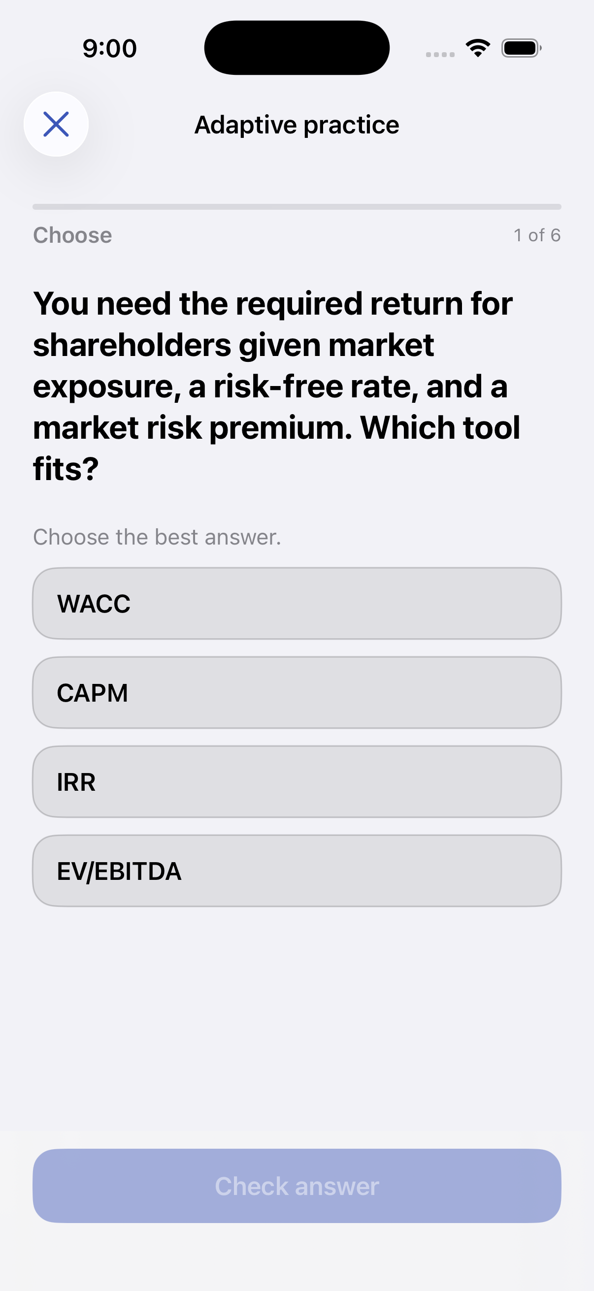 Adaptive multiple-choice practice asking the learner to choose a finance tool
