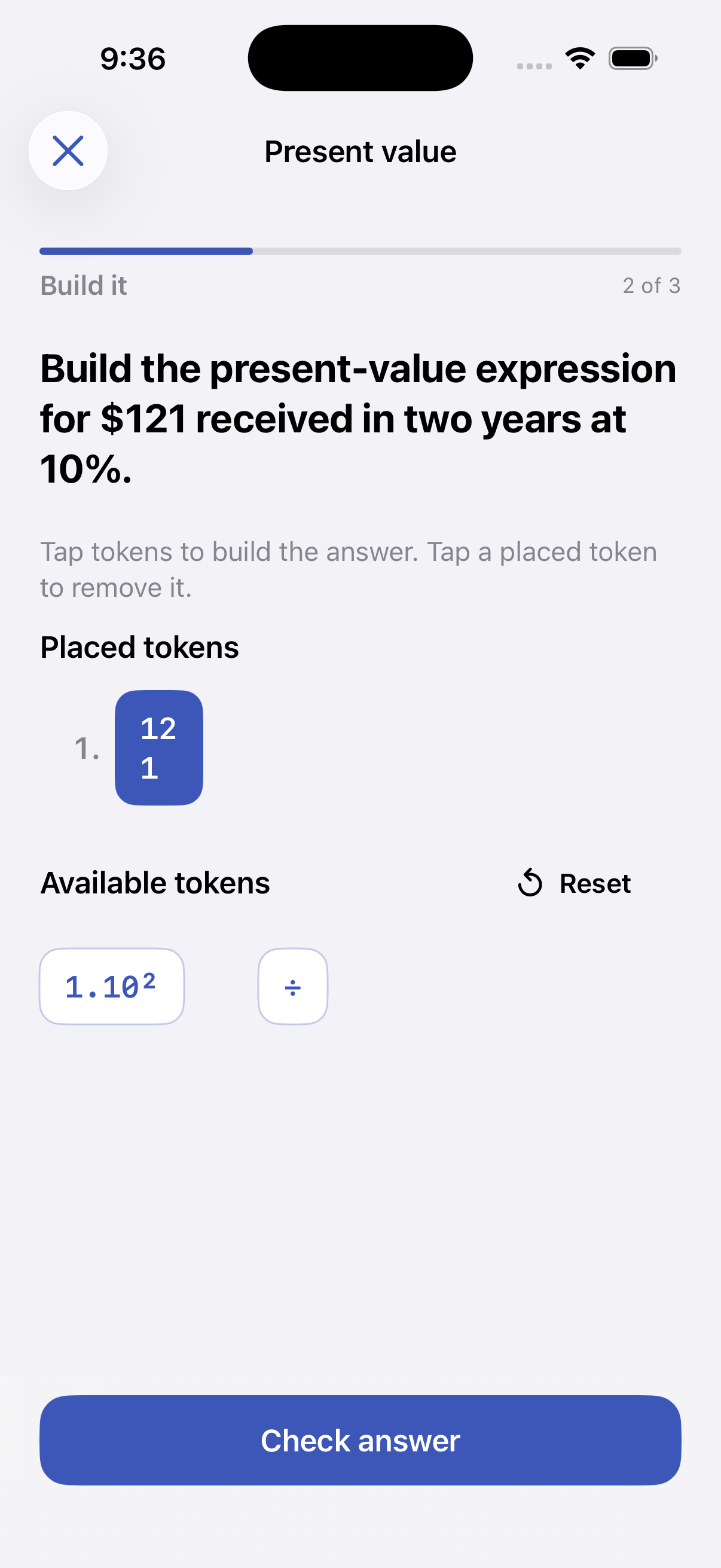Present value exercise with one formula token placed and two tokens remaining