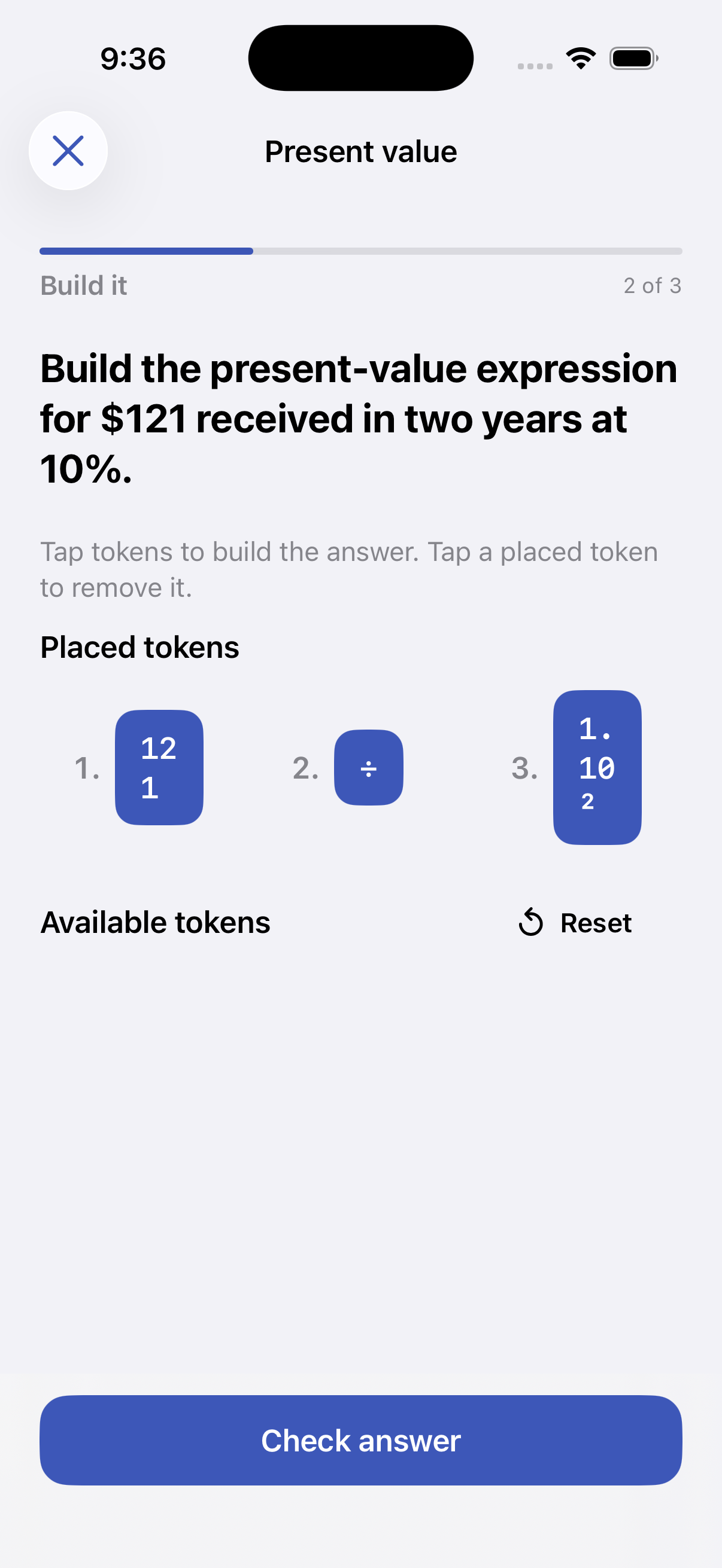 Completed present value expression assembled from three formula tokens