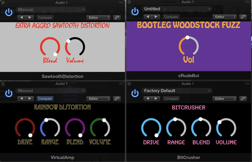 Original guitar distortion plug-in interface with controls for audio effects