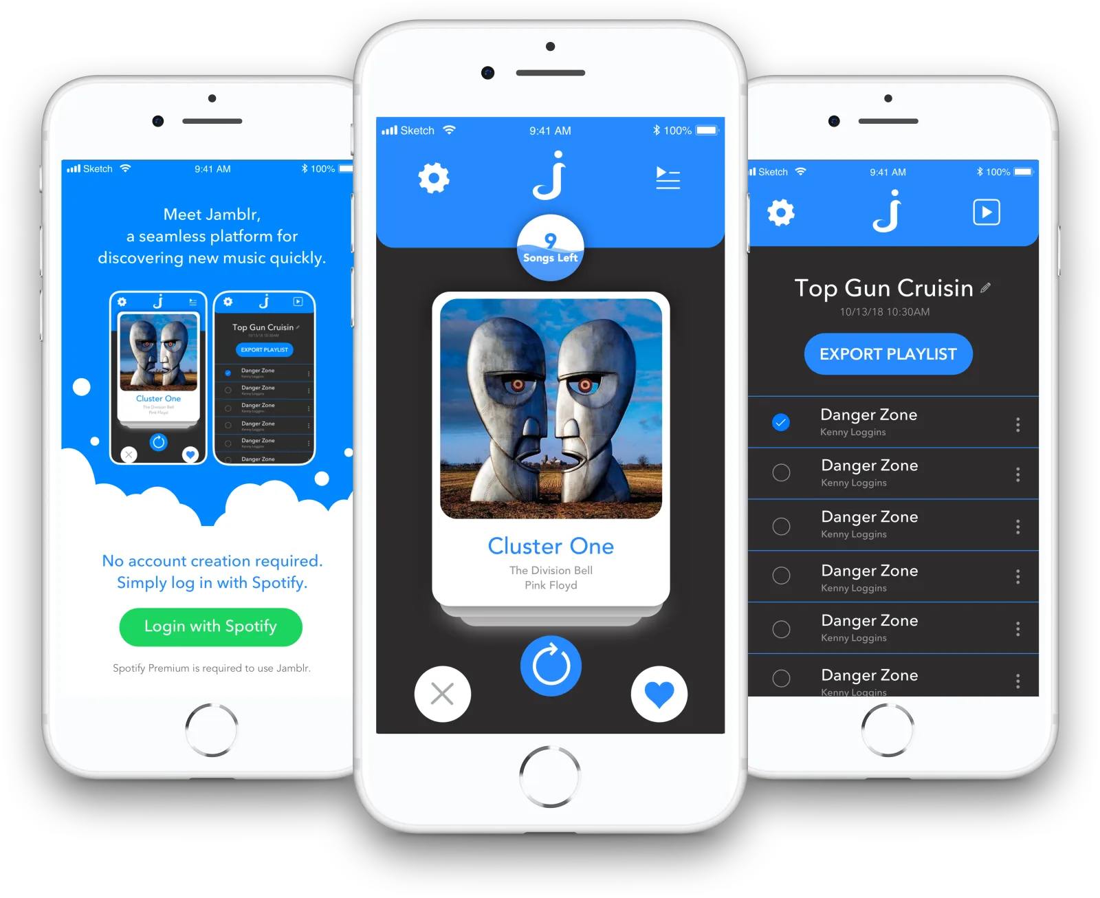A collection of original Jamblr mobile interface mockups showing music discovery and playlist screens